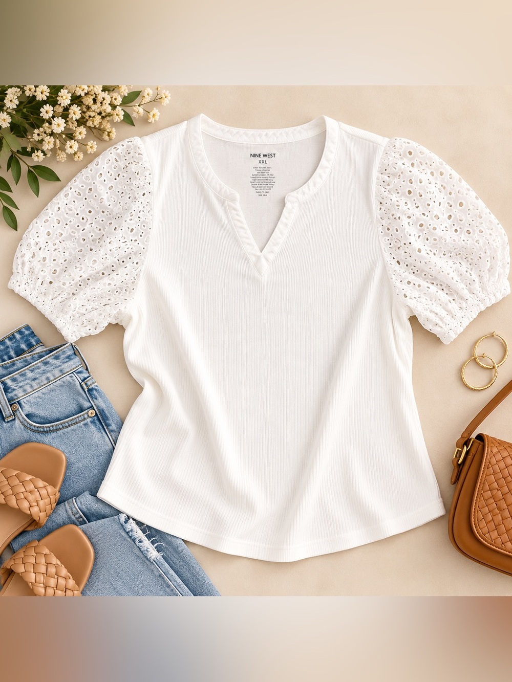 Nine West XXL White Eyelet Puff Sleeve Ribbed Top Notch Neck Blouse